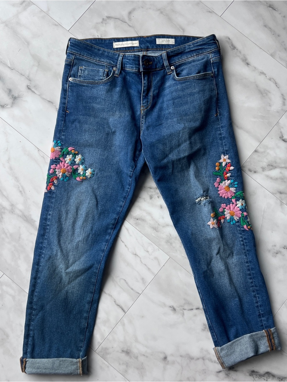 Pilcro and the Letterpress Embroidered Floral Blue Boyfriend Jeans